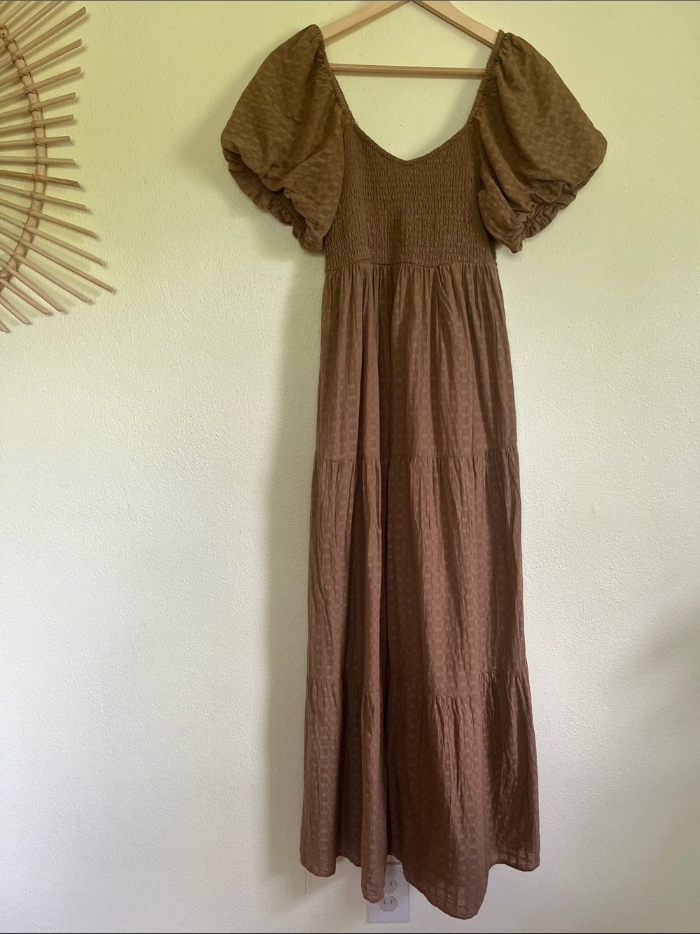 Show Me Your MuMu Tan/Brown Smocked Maxi Dress with Puff Sleeves